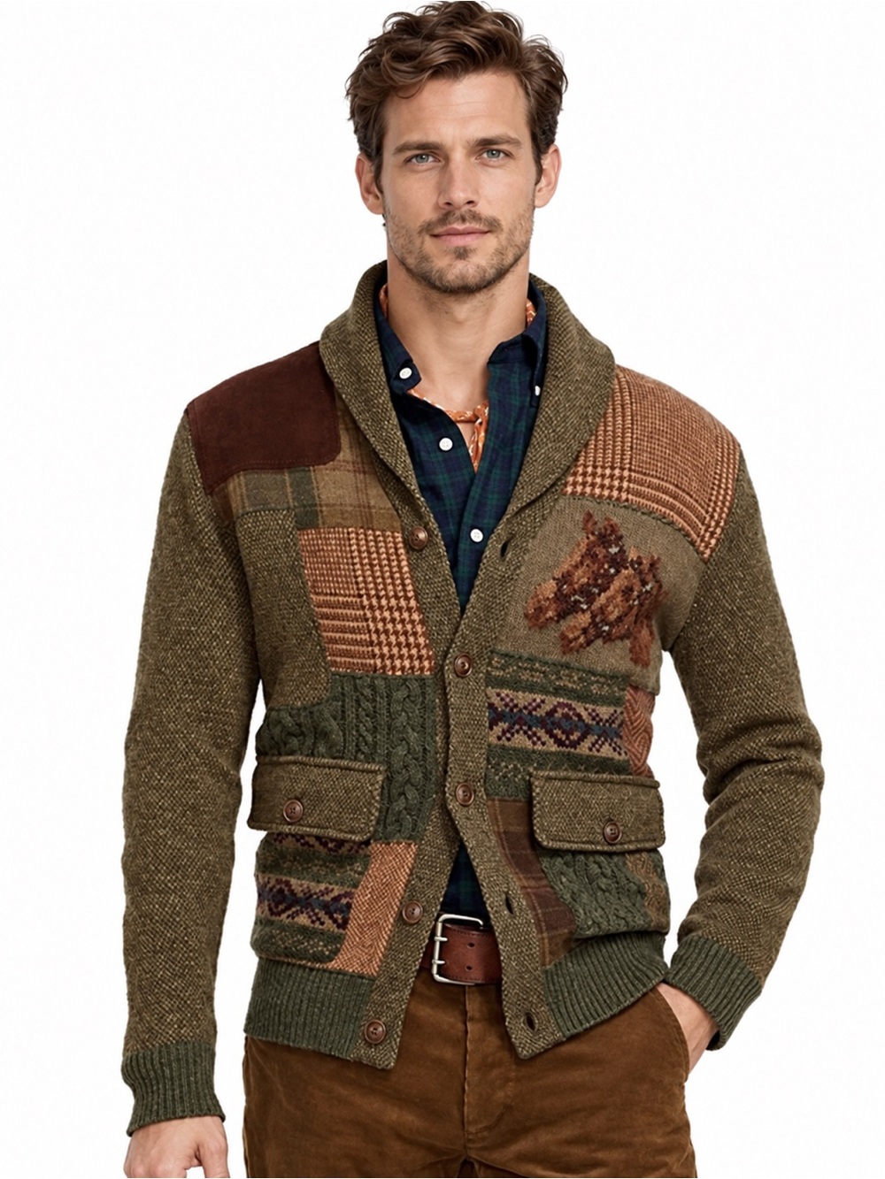 Polo Ralph Lauren Men’s S Patchwork Wool Shawl Collar Cardigan